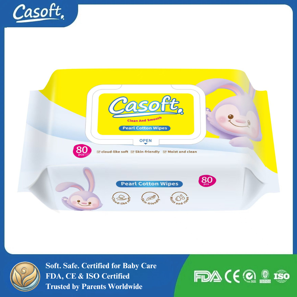 Casoft Soft Pearl Cotton Baby Wipes – Gentle, Alcohol-Free, Thick Disposable Towels (80pcs)